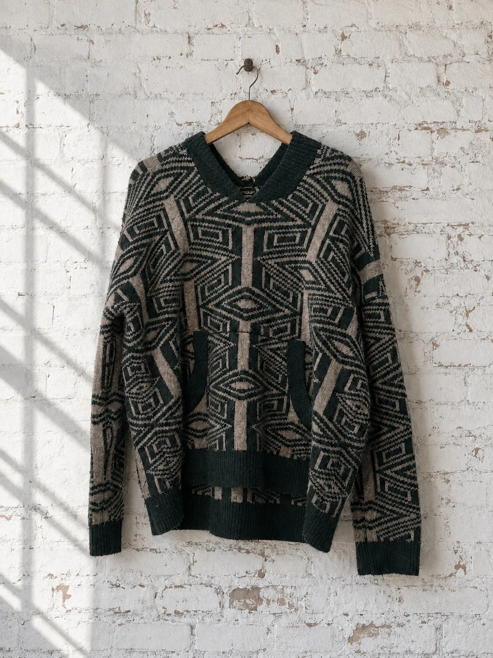 Free People Aztec Print Hoodie Sweater Moss Green Cream Oversized M